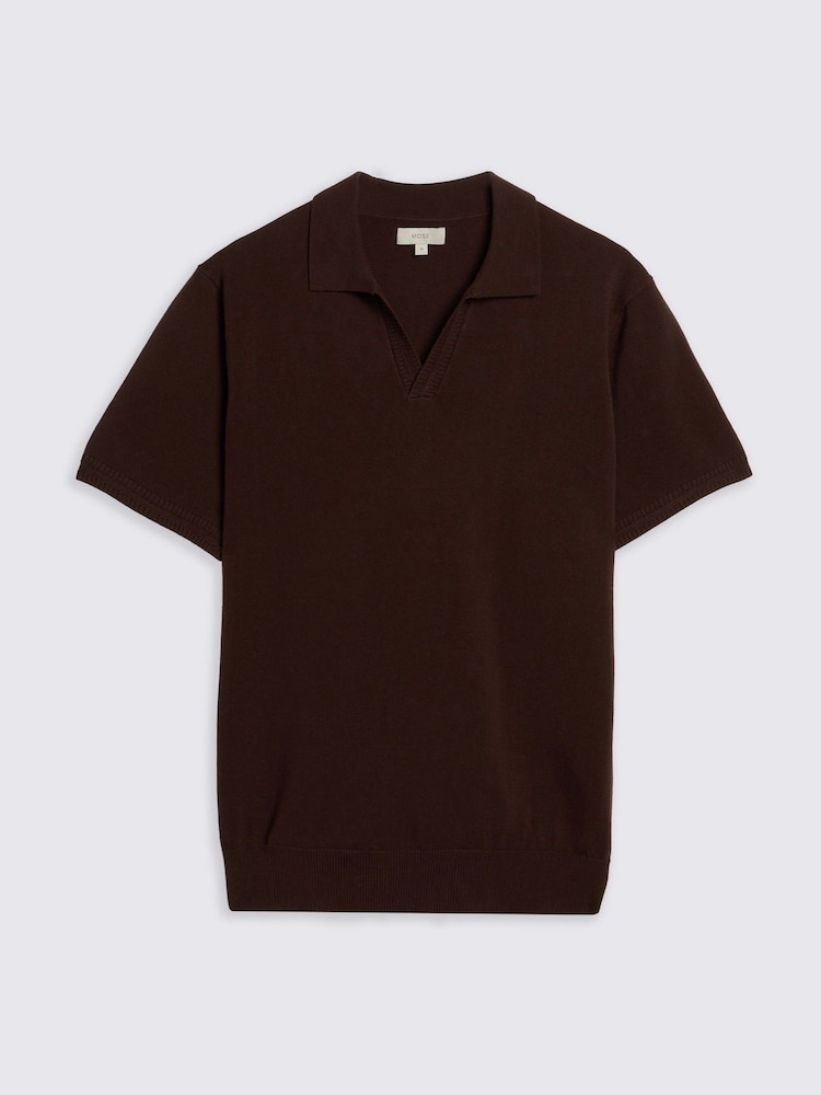 MOSS Brown Contrast Placket Skipper 100% Cotton Polo Shirt - Image 4 of 4