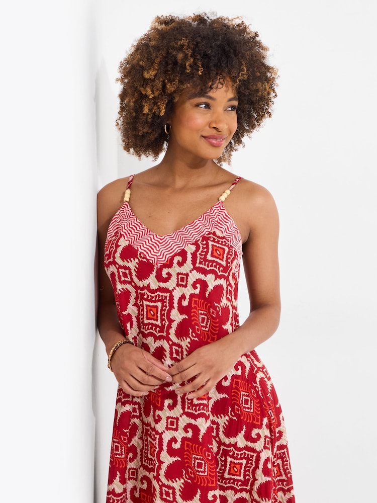 Joe Browns Red Petite Beaded Strap Printed 100% Cotton Maxi Dress - Image 1 of 5