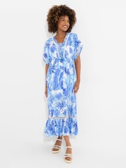 Joe Browns Blue Petite Tropical Print Kimono Sleeve Boho Tassel Maxi Dress - Image 1 of 5