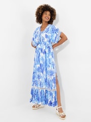 Joe Browns Blue Petite Tropical Print Kimono Sleeve Boho Tassel Maxi Dress - Image 2 of 5