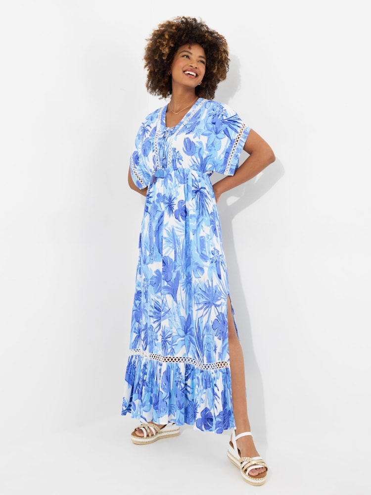 Joe Browns Blue Petite Tropical Print Kimono Sleeve Boho Tassel Maxi Dress - Image 2 of 5