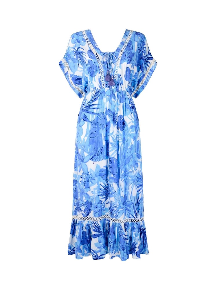 Joe Browns Blue Petite Tropical Print Kimono Sleeve Boho Tassel Maxi Dress - Image 5 of 5