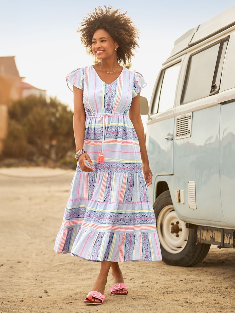 Joe Browns Blue Petite Geo Striped V-Neck Maxi Dress - Image 1 of 7