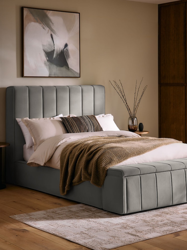 Soft Velvet Mid Grey Stanton Upholstered Ottoman Storage Bed Frame with Ottoman Bench - Image 1 of 11 Soft Velvet Mid Grey Stanton Upholstered Ottoman Storage Bed Frame with Ottoman Bench - Image 1 of 11