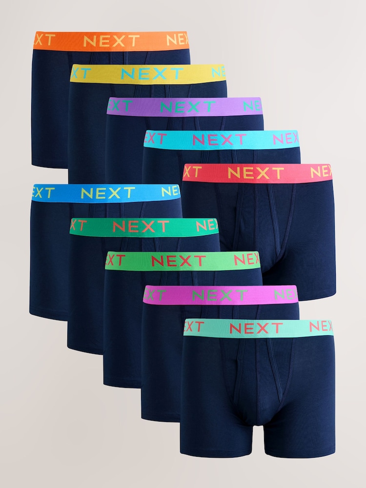Navy Bright Contrast Colour Waistband A-Front Boxers 10 Pack - Image 1 of 13