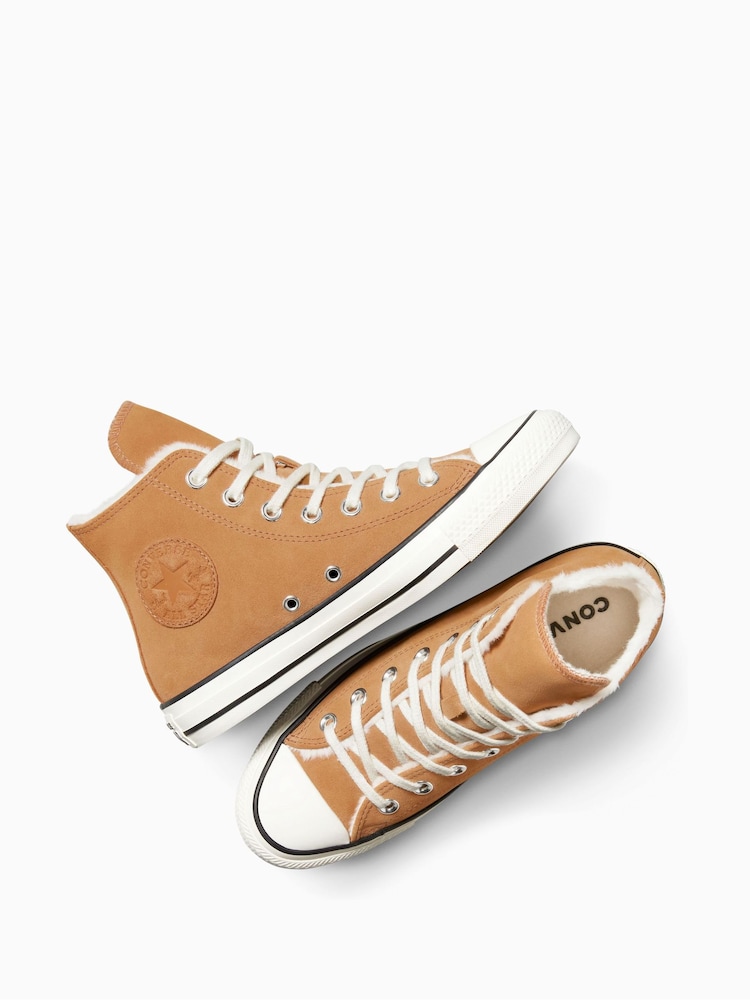 Converse All Star High-Top Suede Sneakers Fir Lined Mens Size 10 Tan and Brown Converse Chuck 70 Sneakers High Faux Fur Canvas Suede Khaki  main image 4