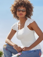 Joe Browns White Slim Fit 100% Cotton Frilly Broderie Peplum Top - Image 1 of 7
