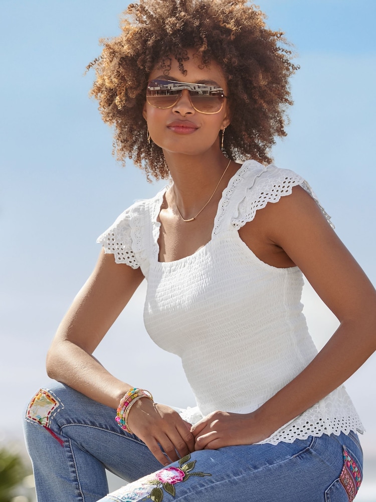 Joe Browns White Slim Fit 100% Cotton Frilly Broderie Peplum Top - Image 1 of 7