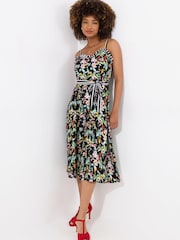 Joe Browns Black Tropical Print Tie Waist Contrast Strap Dress - Image 1 of 5