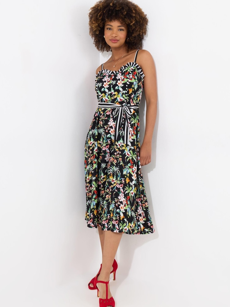 Joe Browns Black Tropical Print Tie Waist Contrast Strap Dress - Image 1 of 5