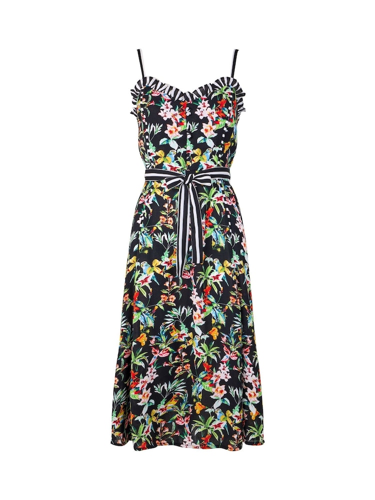 Joe Browns Black Tropical Print Tie Waist Contrast Strap Dress - Image 5 of 5