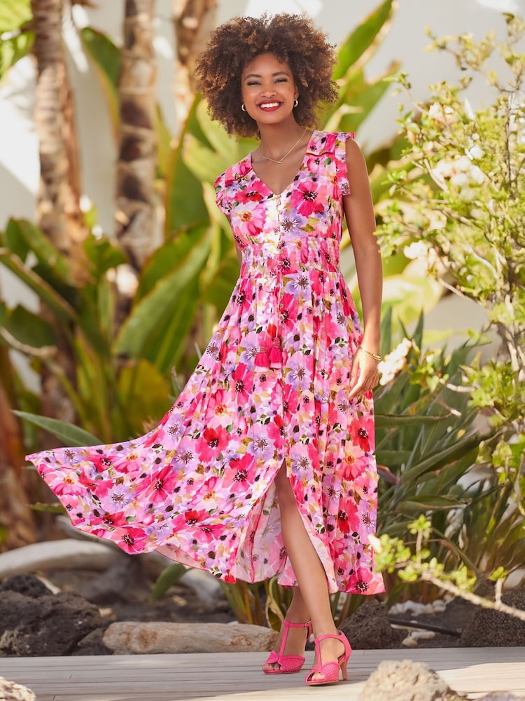 Joe Browns Pink Sequin Embellished Shirred Waist Floral Maxi Dress - Image 1 of 8
