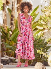 Joe Browns Pink Sequin Embellished Shirred Waist Floral Maxi Dress - Image 6 of 8