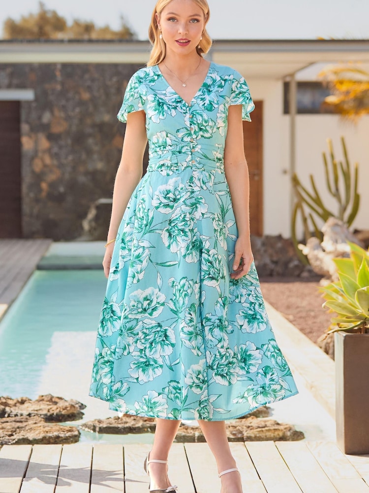 Joe Browns Blue Button Through Short Sleeve 100% Cotton Floral Dress - Image 1 of 7