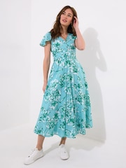 Joe Browns Blue Button Through Short Sleeve 100% Cotton Floral Dress - Image 2 of 7