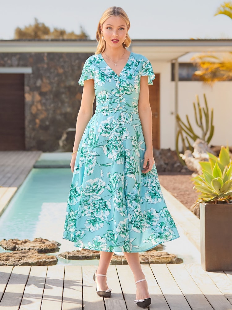 Joe Browns Blue Button Through Short Sleeve 100% Cotton Floral Dress - Image 7 of 7