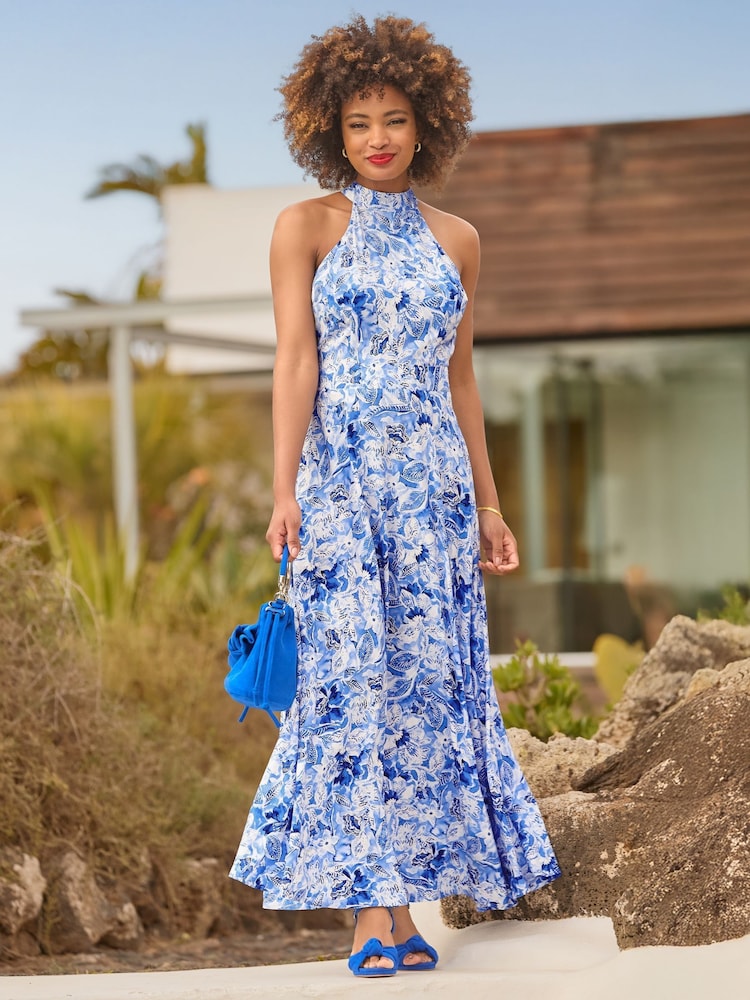 Joe Browns Blue Floral Printed Woven Halterneck Dress - Image 1 of 7