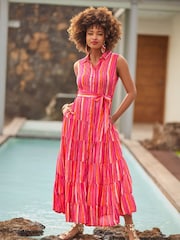 Joe Browns Pink Petite Striped Sleeveless Button Through Maxi Shirt Dress - Image 1 of 8