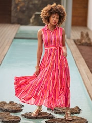 Joe Browns Pink Petite Striped Sleeveless Button Through Maxi Shirt Dress - Image 2 of 8