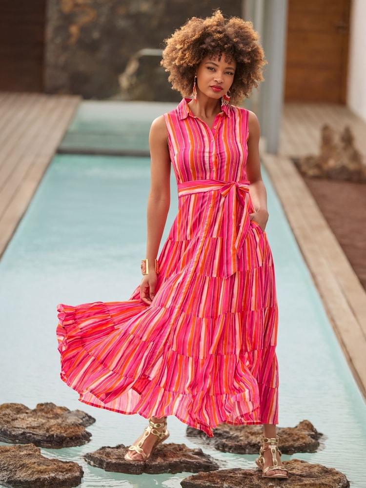 Joe Browns Pink Petite Striped Sleeveless Button Through Maxi Shirt Dress - Image 2 of 8