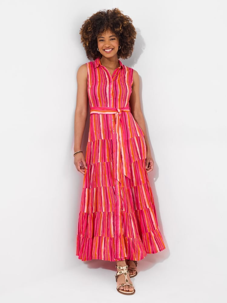 Joe Browns Pink Petite Striped Sleeveless Button Through Maxi Shirt Dress - Image 4 of 8