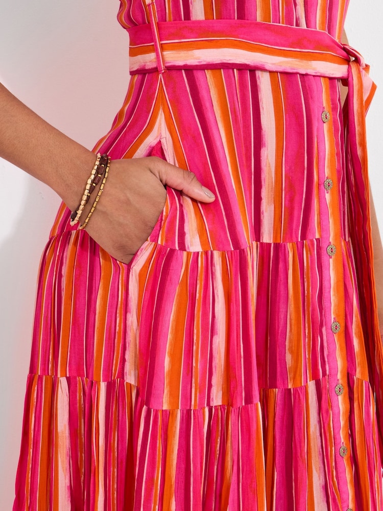 Joe Browns Pink Petite Striped Sleeveless Button Through Maxi Shirt Dress - Image 7 of 8