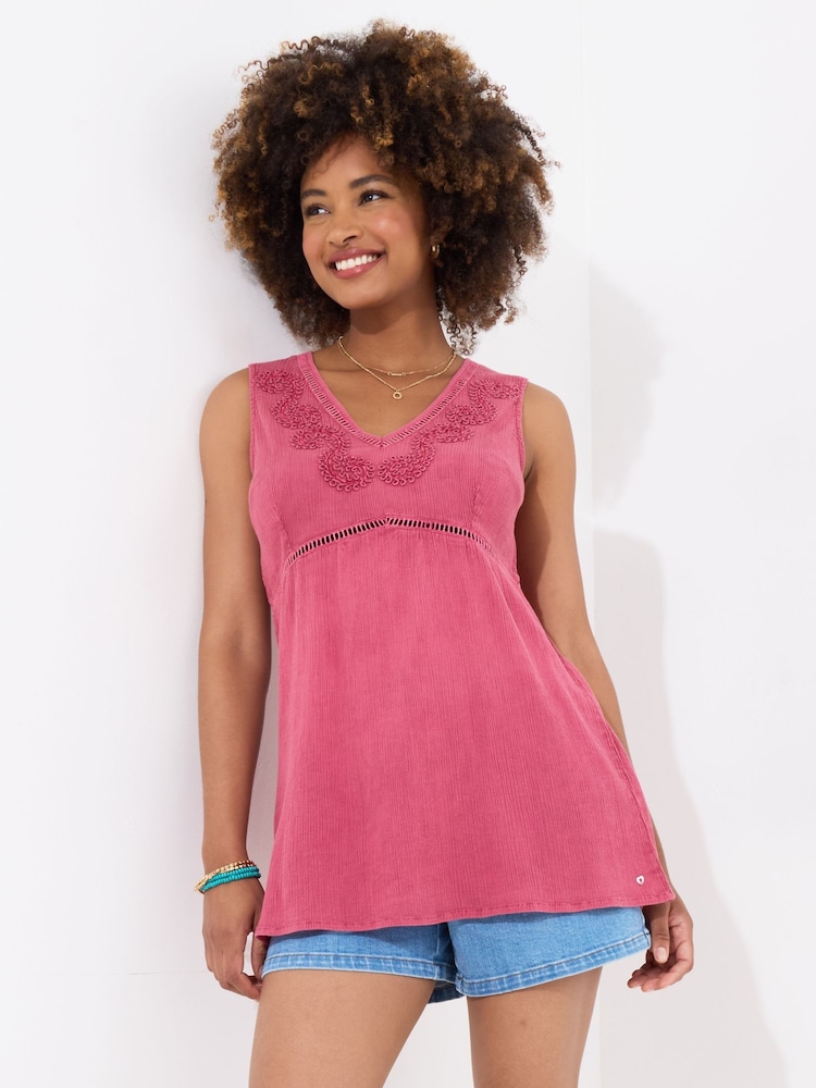 Joe Browns Pink Embroidered V-Neck 100% Cotton Sleeveless Top - Image 1 of 5