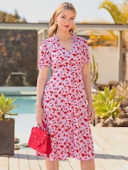 Joe Browns Purple Floral V-Neck Short Sleeve Midi Dress - Image 1 of 7