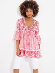 Joe Browns Pink Floral Print Tassel Trim 100% Cotton Tunic - Image 3 of 7
