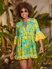 Joe Browns Yellow Boho Print Lace Sleeve Beaded 100% Cotton Tunic - Image 1 of 8