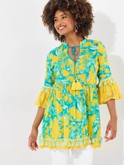 Joe Browns Yellow Boho Print Lace Sleeve Beaded 100% Cotton Tunic - Image 2 of 8