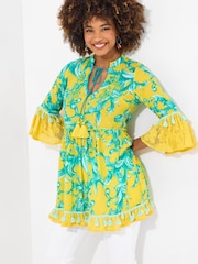 Joe Browns Yellow Boho Print Lace Sleeve Beaded 100% Cotton Tunic - Image 6 of 8