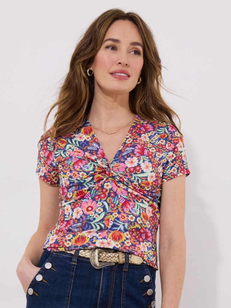 Joe Browns Pink Bright Floral Knotted Twist Front Jersey Top - Image 1 of 5