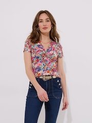 Joe Browns Pink Bright Floral Knotted Twist Front Jersey Top - Image 3 of 5