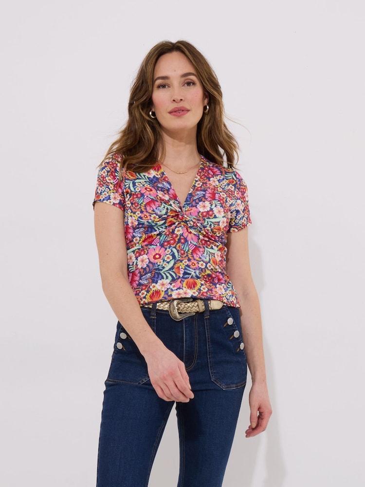 Joe Browns Pink Bright Floral Knotted Twist Front Jersey Top - Image 3 of 5