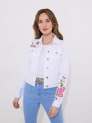 Joe Browns White Slim Fit Embroidered Stretch Denim Jacket - Image 3 of 7
