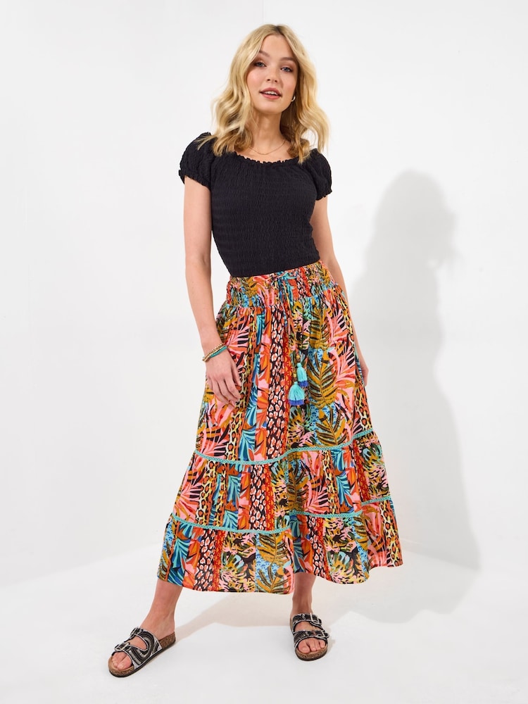 Joe Browns Orange Tropical Print Lace Insert Tiered 100% Cotton Maxi Skirt - Image 2 of 5