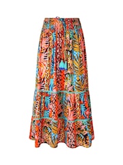 Joe Browns Orange Tropical Print Lace Insert Tiered 100% Cotton Maxi Skirt - Image 5 of 5