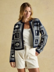 Joules Navy & Cream Ocean Tile Cotton Knitted Cardigan - Image 1 of 7