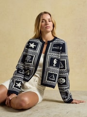 Joules Navy & Cream Ocean Tile Cotton Knitted Cardigan - Image 3 of 7