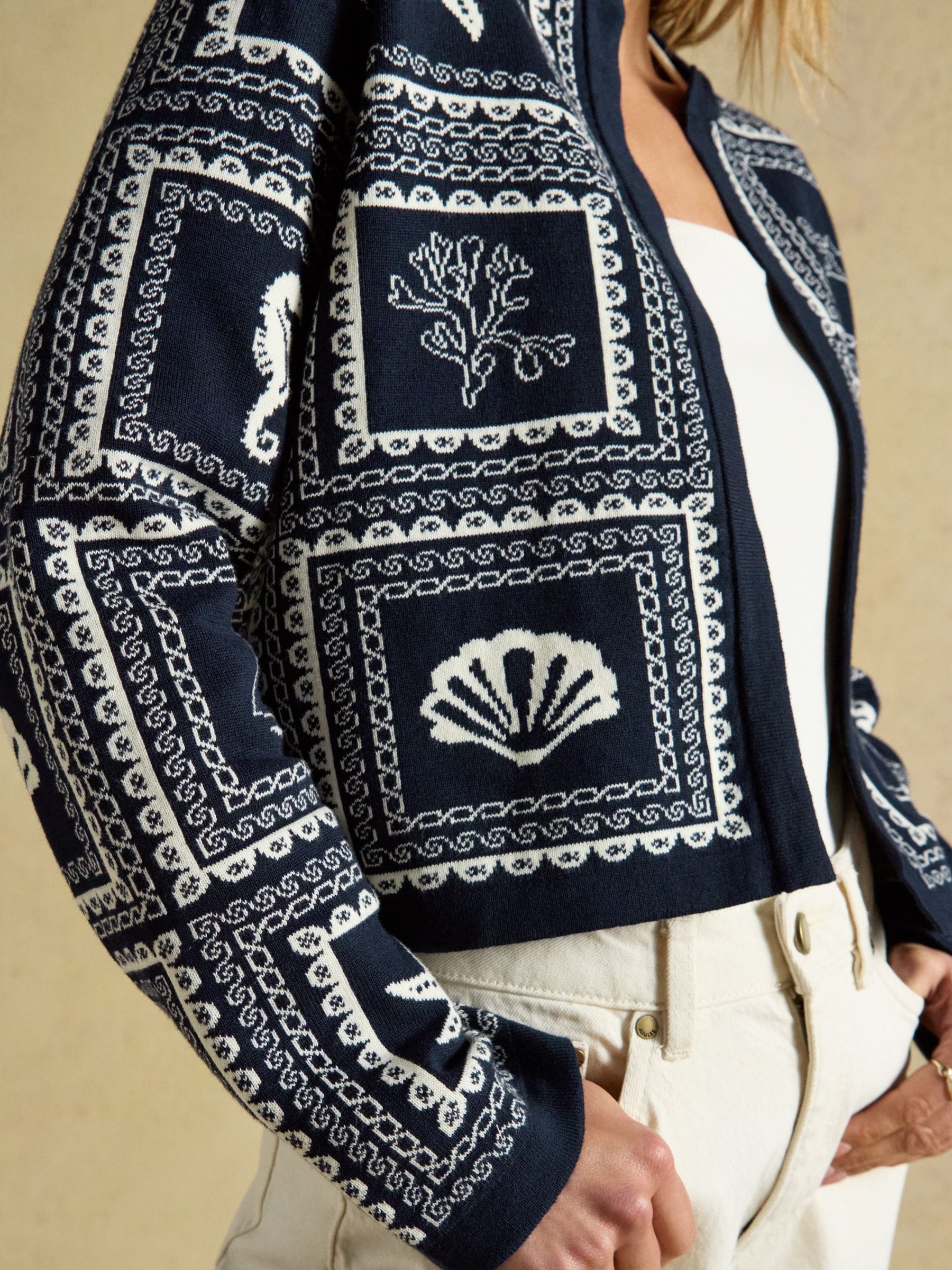 Buy Joules Navy & Cream Ocean Tile Cotton Knitted Cardigan from