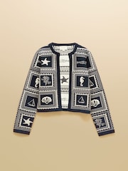 Joules Navy & Cream Ocean Tile Cotton Knitted Cardigan - Image 7 of 7