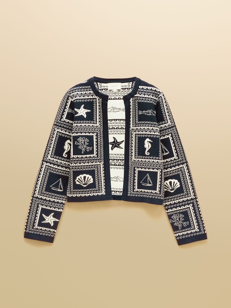 Joules Navy & Cream Ocean Tile Cotton Knitted Cardigan - Image 7 of 7 Joules Navy & Cream Ocean Tile Cotton Knitted Cardigan - Image 7 of 7