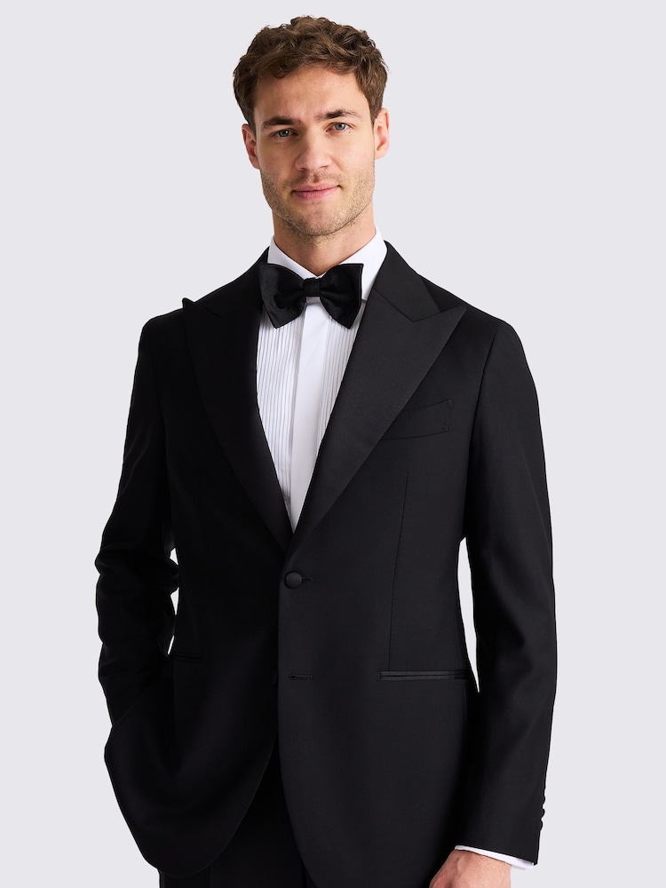 MOSS Black Italian Tailored Fit Black Twill Tuxedo Jacket - Image 1 of 5