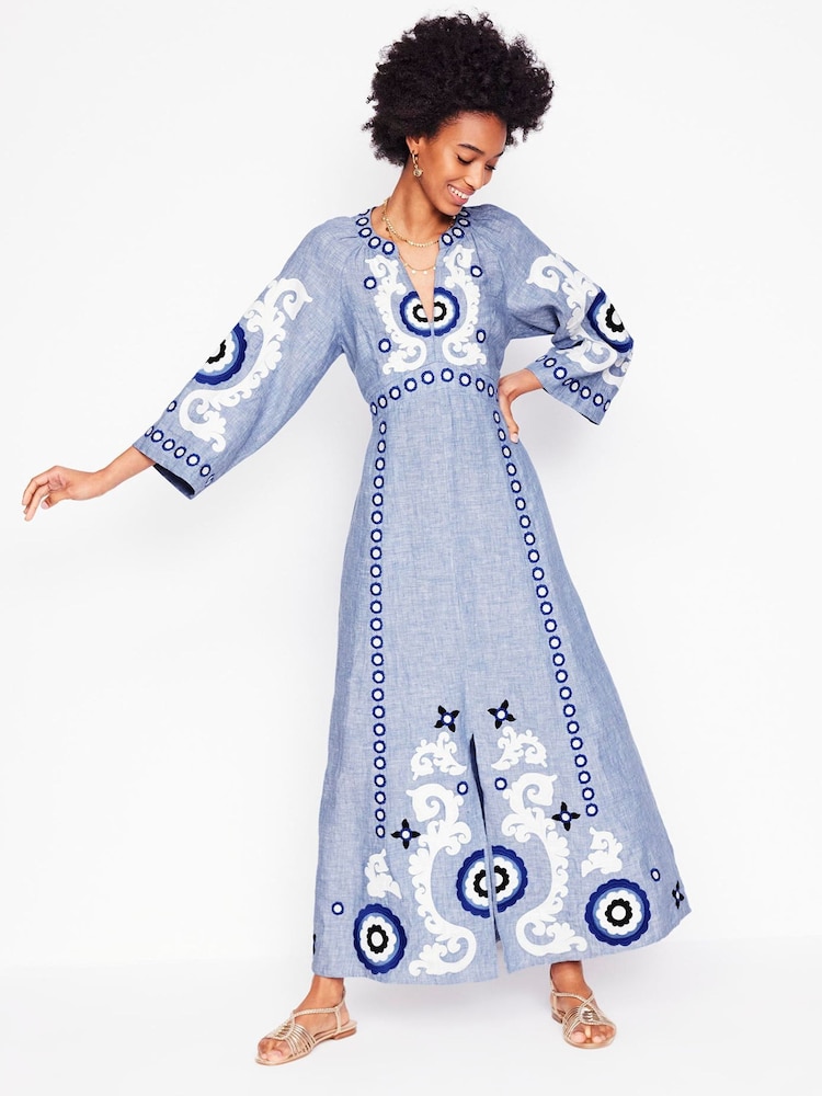 green emerald velvet dress Ava Linen Blend Midi Dress-Multi Embroidery