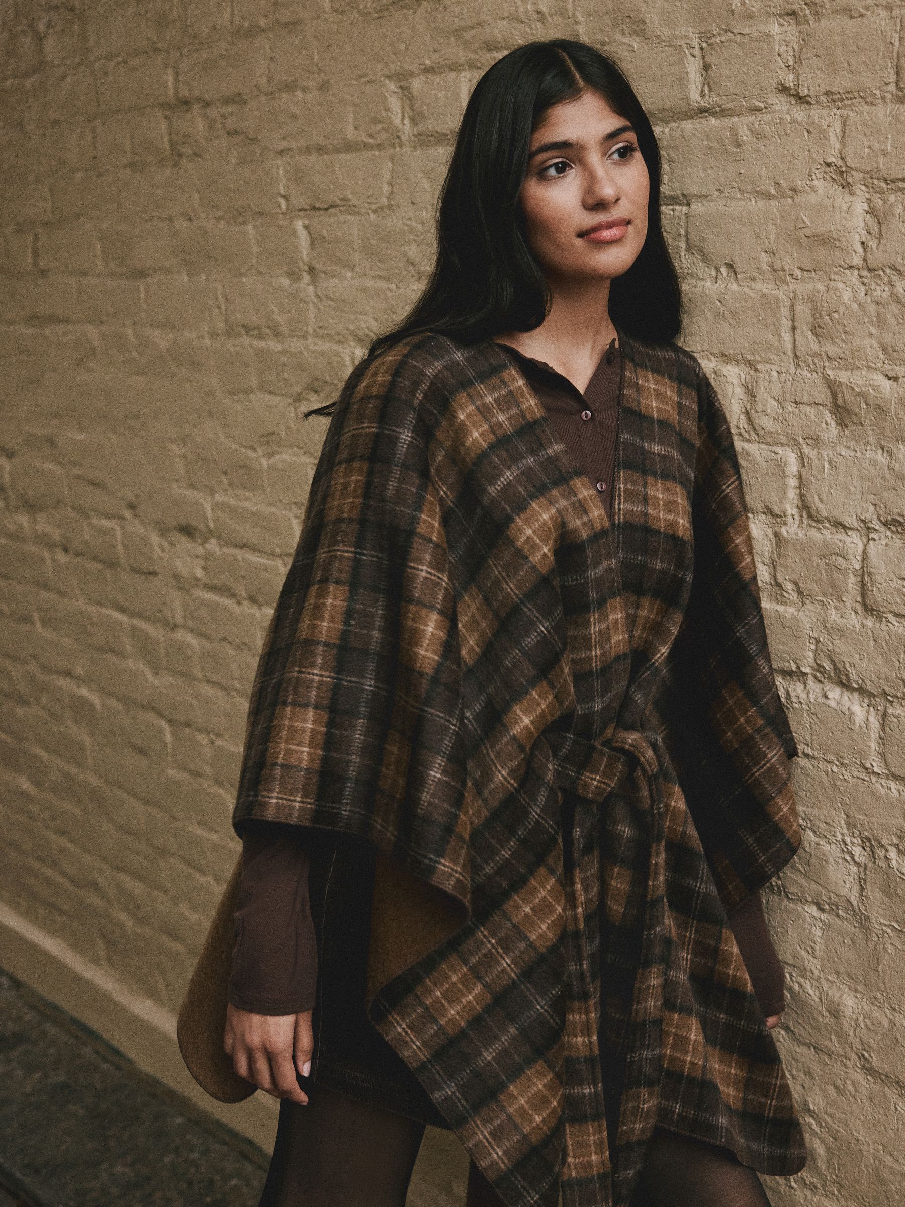 Buy Brown Check Wrap Front Cape Poncho from Next USA