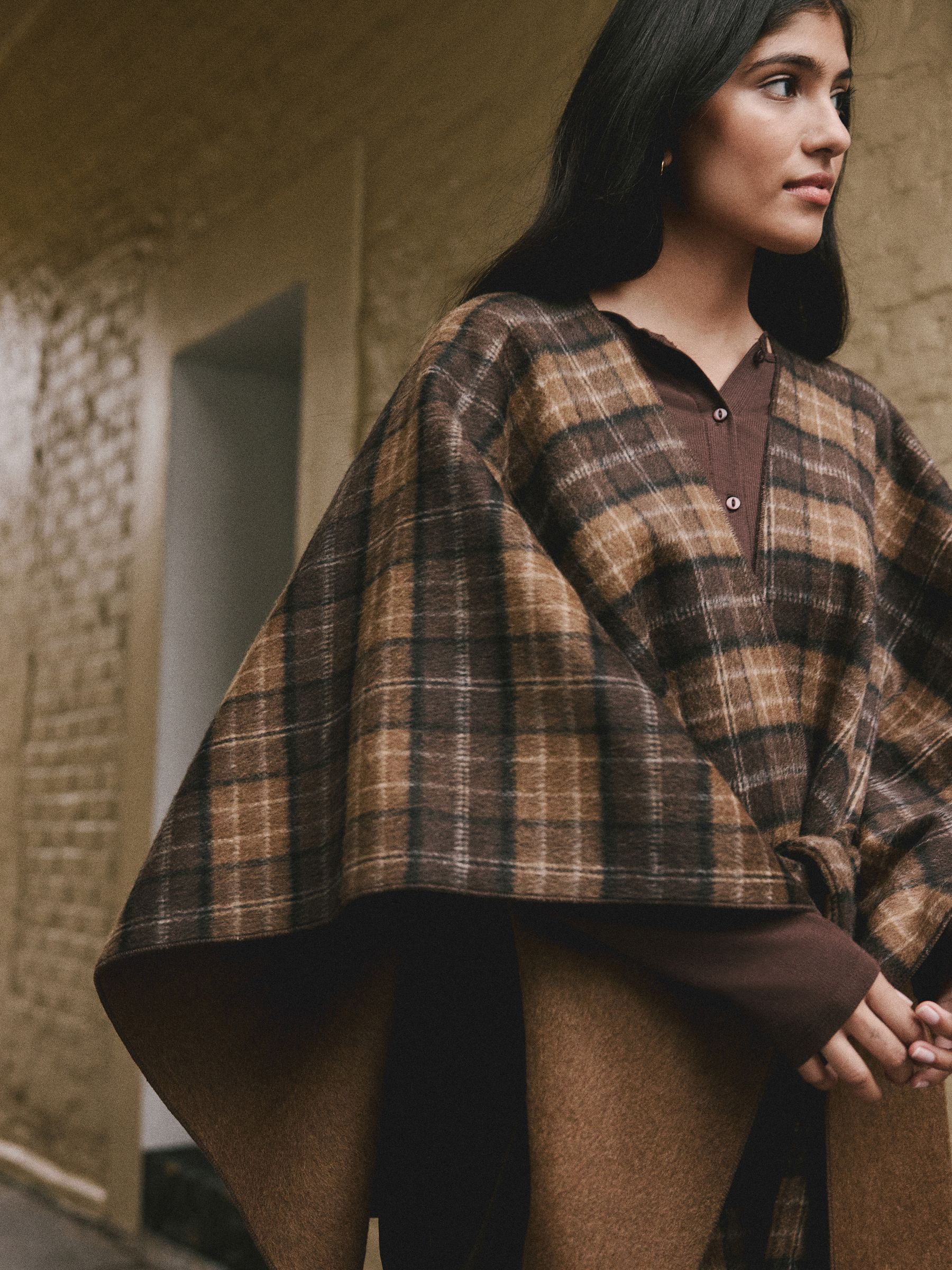 Buy Brown Check Wrap Front Cape Poncho from Next USA
