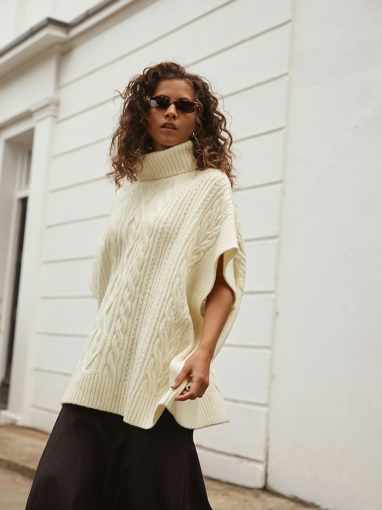 Cream Cable Roll Neck Poncho - Image 1 of 8 Cream Cable Roll Neck Poncho - Image 1 of 8