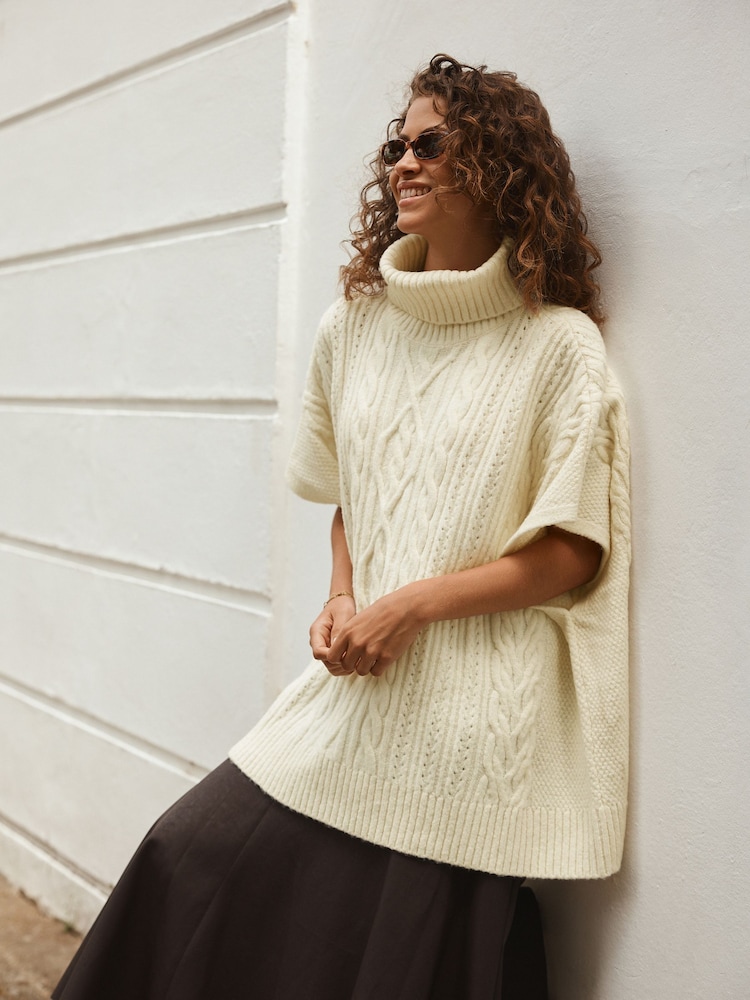 Cream Cable Roll Neck Poncho - Image 2 of 8 Cream Cable Roll Neck Poncho - Image 2 of 8