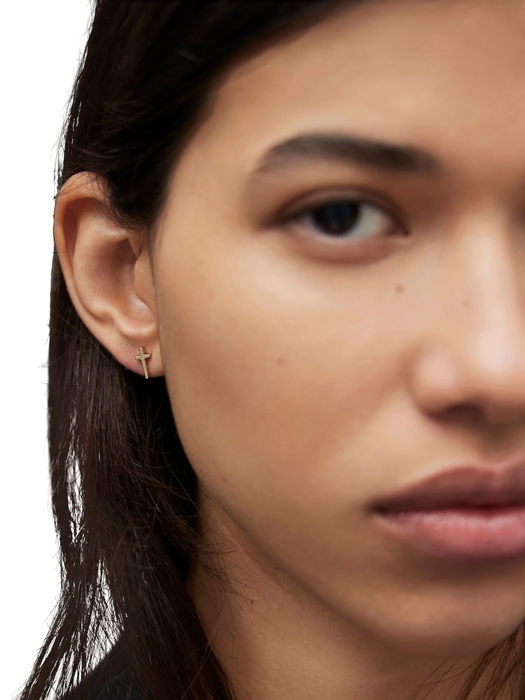 AllSaints Gold Tone Cross Stud Earrings - Image 5 of 5 AllSaints Gold Tone Cross Stud Earrings - Image 5 of 5